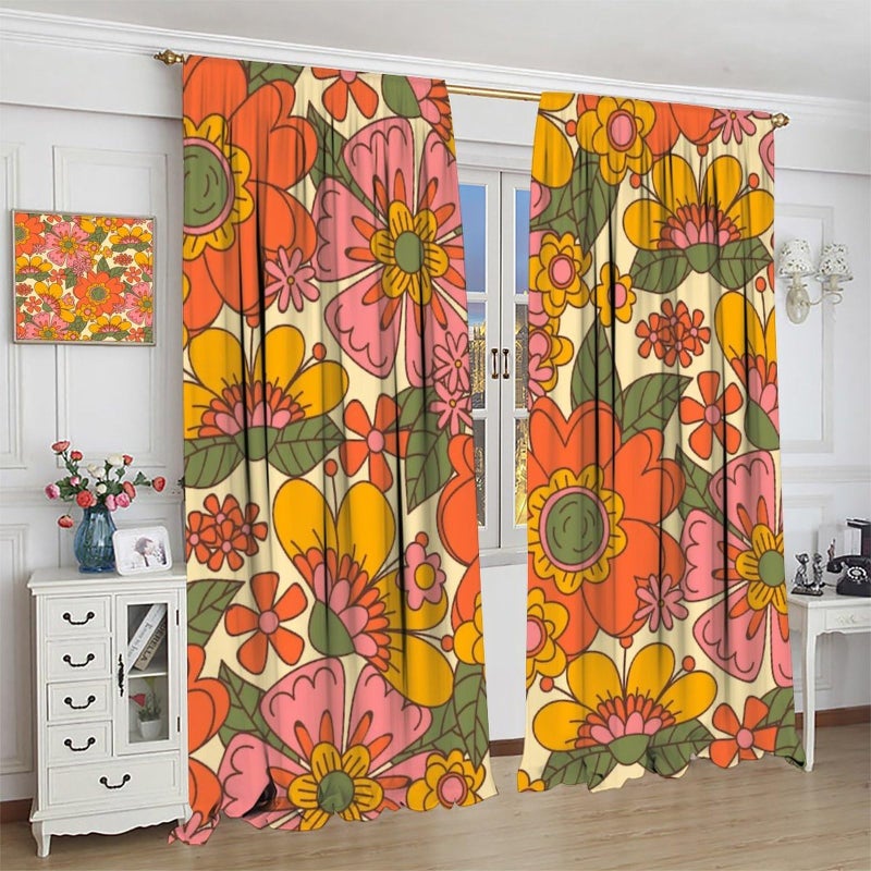 SXXLDNG Retro 70s Floral Curtains Hippie Spring Groovy Flower Power Flower Boho Print Suitable for Home Bedroom Window Drapes Abstract Aesthetics Decoration 42x45 Inch Decor - Image 4