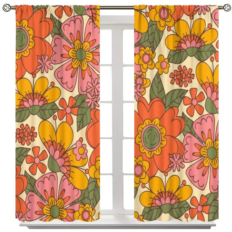 SXXLDNG Retro 70s Floral Curtains Hippie Spring Groovy Flower Power Flower Boho Print Suitable for Home Bedroom Window Drapes Abstract Aesthetics Decoration 42x45 Inch Decor - Image 2