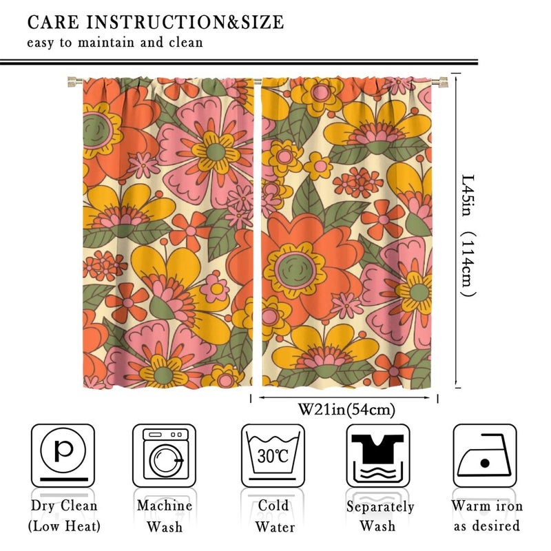 SXXLDNG Retro 70s Floral Curtains Hippie Spring Groovy Flower Power Flower Boho Print Suitable for Home Bedroom Window Drapes Abstract Aesthetics Decoration 42x45 Inch Decor - Image 3