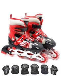 EASY FUTURE Inline Skates Adjustable Size Roller Skates with Flashing Wheels Children Skate Shoes Including Protective Gear (Knee Elbow Wrist) Red Colour  - Image 1