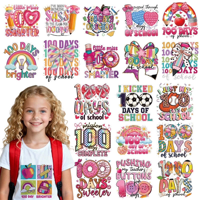 INCOK DTF Transfers Ready to Press - 20 Pcs 100 Days of School Iron on Transfers for T-Shirts, DIY 100 Days of School Shirt, Soccer Pencil Bow Iron on Decals for Clothing Jackets Bag Hat Curtain - Image 1