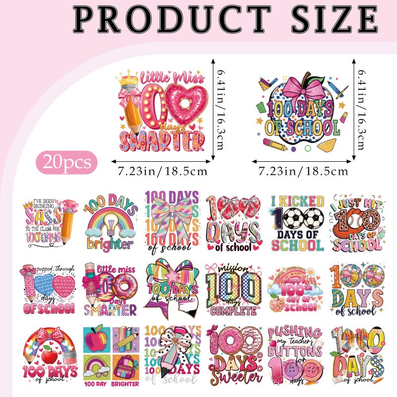 INCOK DTF Transfers Ready to Press - 20 Pcs 100 Days of School Iron on Transfers for T-Shirts, DIY 100 Days of School Shirt, Soccer Pencil Bow Iron on Decals for Clothing Jackets Bag Hat Curtain - Image 4
