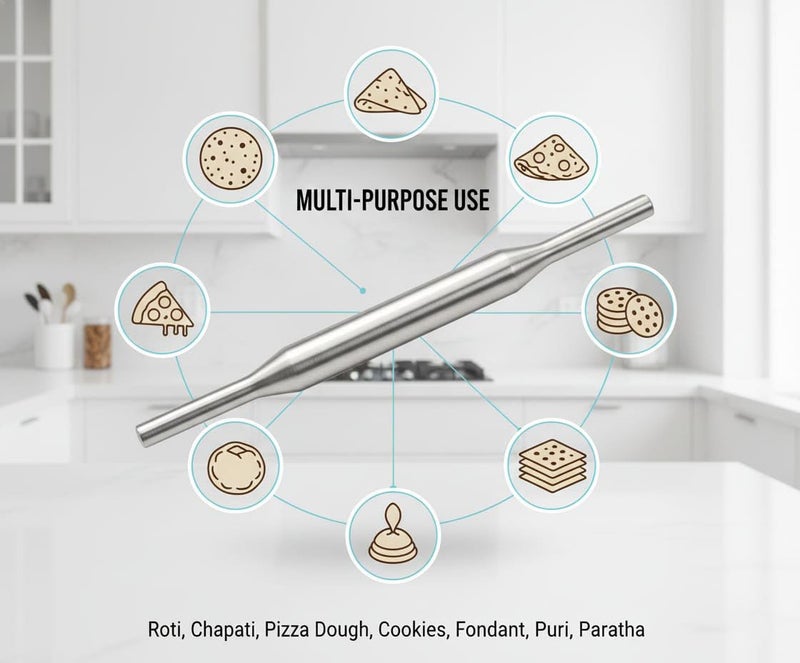 faas Stainless Steel Rolling Pin | Heavy Duty Steel Belan for Roti, Chapati & Baking - Image 2
