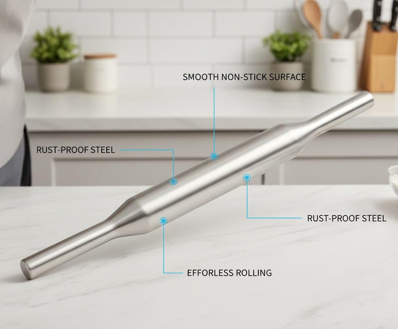 faas Stainless Steel Rolling Pin | Heavy Duty Steel Belan for Roti, Chapati & Baking - Image 4