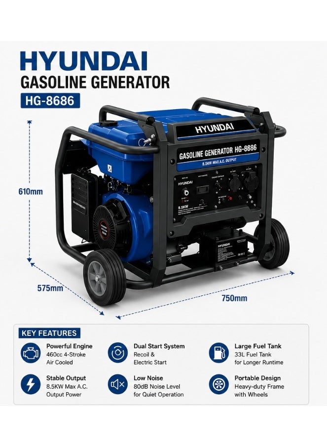 HYUNDAI Gasoline Generator Hyundai HG-8686 8.5KW 460cc Electric & Recoil Start Portable Power Generator 33L Fuel Tank Heavy-Duty Industrial Backup Generator - Image 2