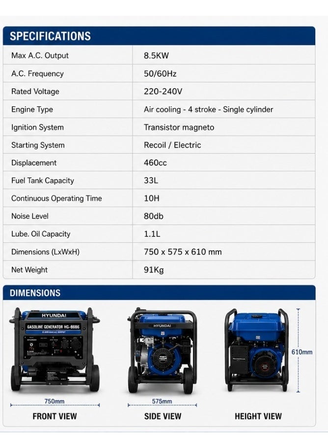 HYUNDAI Gasoline Generator Hyundai HG-8686 8.5KW 460cc Electric & Recoil Start Portable Power Generator 33L Fuel Tank Heavy-Duty Industrial Backup Generator - Image 3