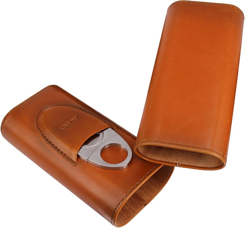 AMANCY Premium 3- Finger Brown Leather Cigar Case, Cedar Wood Lined Cigar Humidor with Silver Stainless Steel Cutter - Image 4