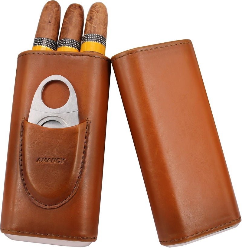 AMANCY Premium 3- Finger Brown Leather Cigar Case, Cedar Wood Lined Cigar Humidor with Silver Stainless Steel Cutter - Image 1