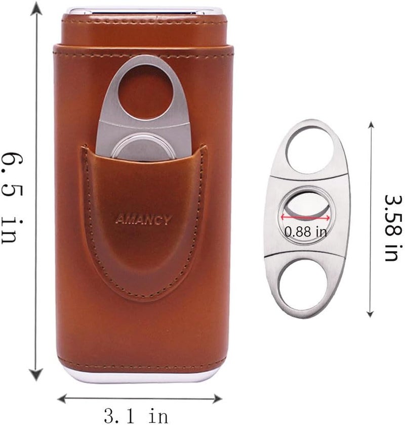 AMANCY Premium 3- Finger Brown Leather Cigar Case, Cedar Wood Lined Cigar Humidor with Silver Stainless Steel Cutter - Image 3