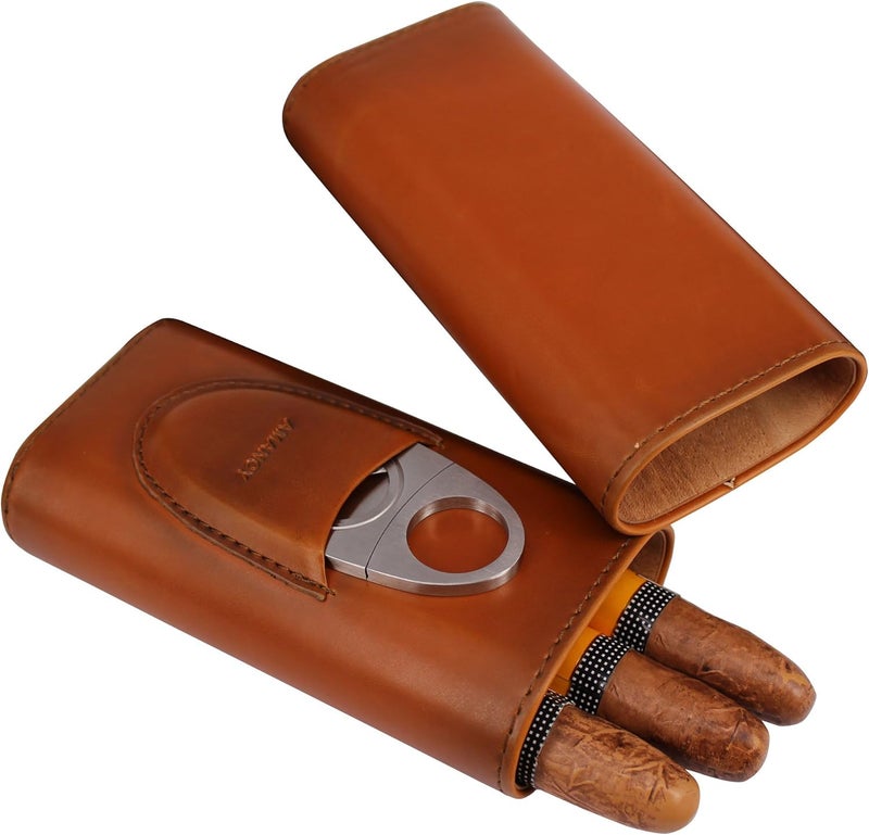AMANCY Premium 3- Finger Brown Leather Cigar Case, Cedar Wood Lined Cigar Humidor with Silver Stainless Steel Cutter - Image 2