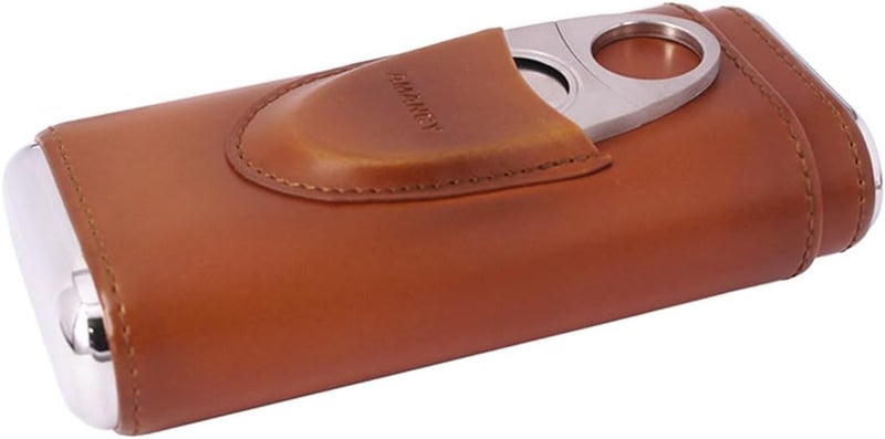 AMANCY Premium 3- Finger Brown Leather Cigar Case, Cedar Wood Lined Cigar Humidor with Silver Stainless Steel Cutter - Image 5