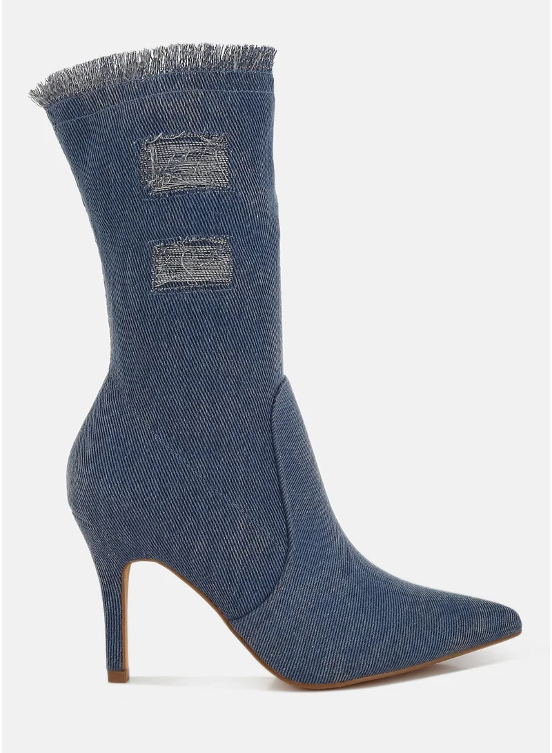 London Rag Women's Distressed Denim Mid-Calf Boots in Denim