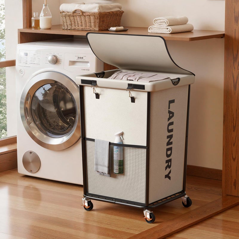 Olldide 150L Laundry Basket with Wheels, Rolling Laundry Hamper with Cloth Cover, Laundry Cart with Metal Frame & Removable Bag, Large Dirty Clothes Hampers for Bedroom Aesthetic Laundry Room Bathroom, White - Image 1