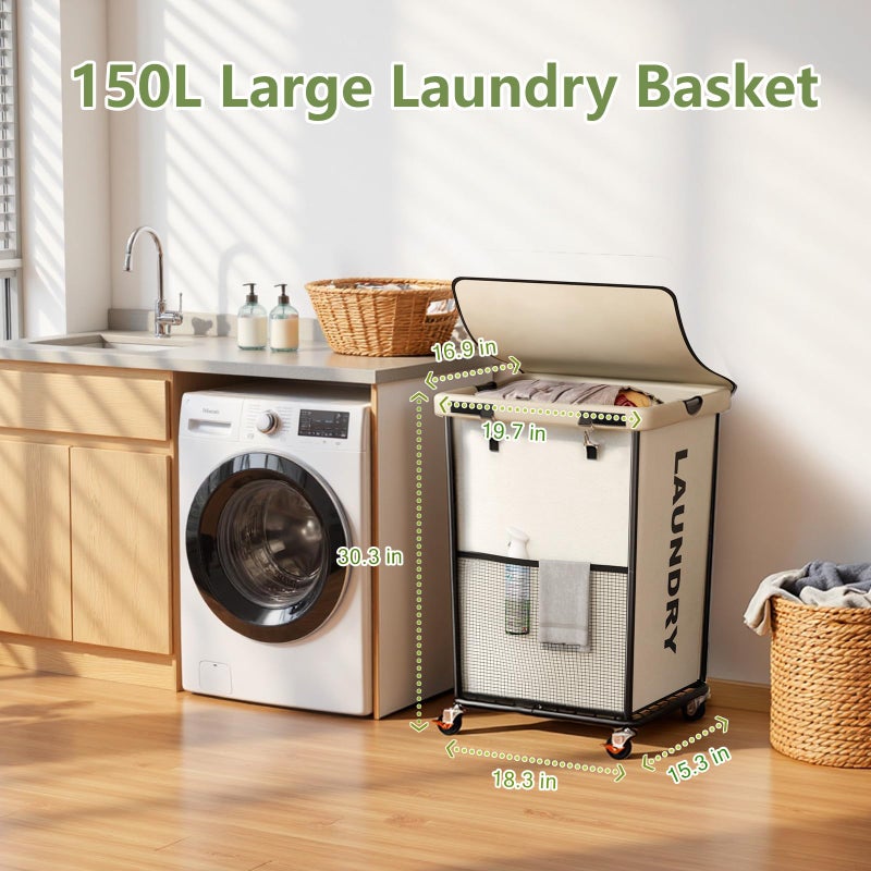 Olldide 150L Laundry Basket with Wheels, Rolling Laundry Hamper with Cloth Cover, Laundry Cart with Metal Frame & Removable Bag, Large Dirty Clothes Hampers for Bedroom Aesthetic Laundry Room Bathroom, White - Image 2