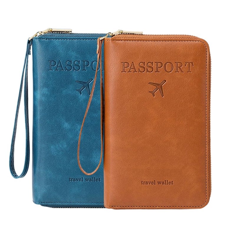Brown Blue RFID Blocking Passport Wallet Anti Theft Travel Organizer Case - Image 2