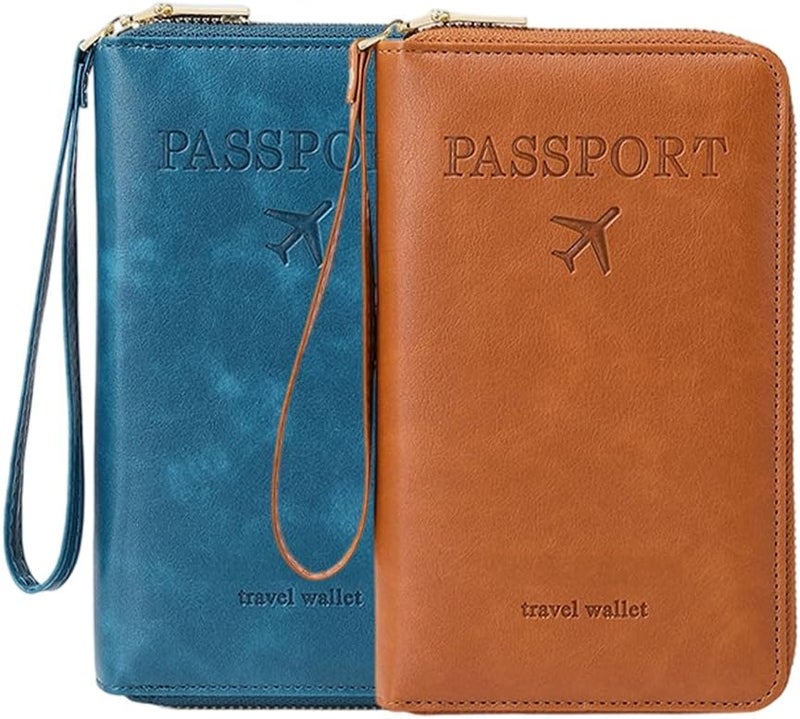 Brown Blue RFID Blocking Passport Wallet Anti Theft Travel Organizer Case - Image 1