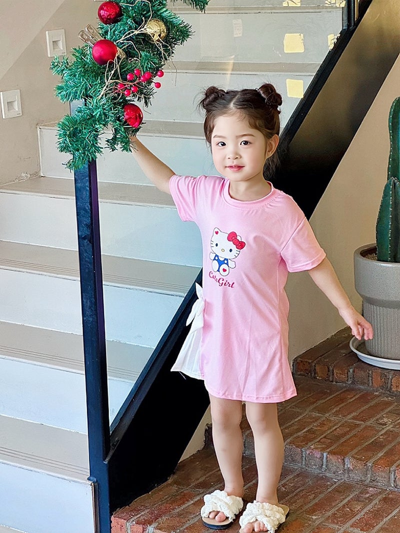 New 2024 Summer Dress New Girls Cartoon Cute dress Short-sleeved T-shirt Dress Princess Bow Dress for Girls Pink Skirt [879#]#] 