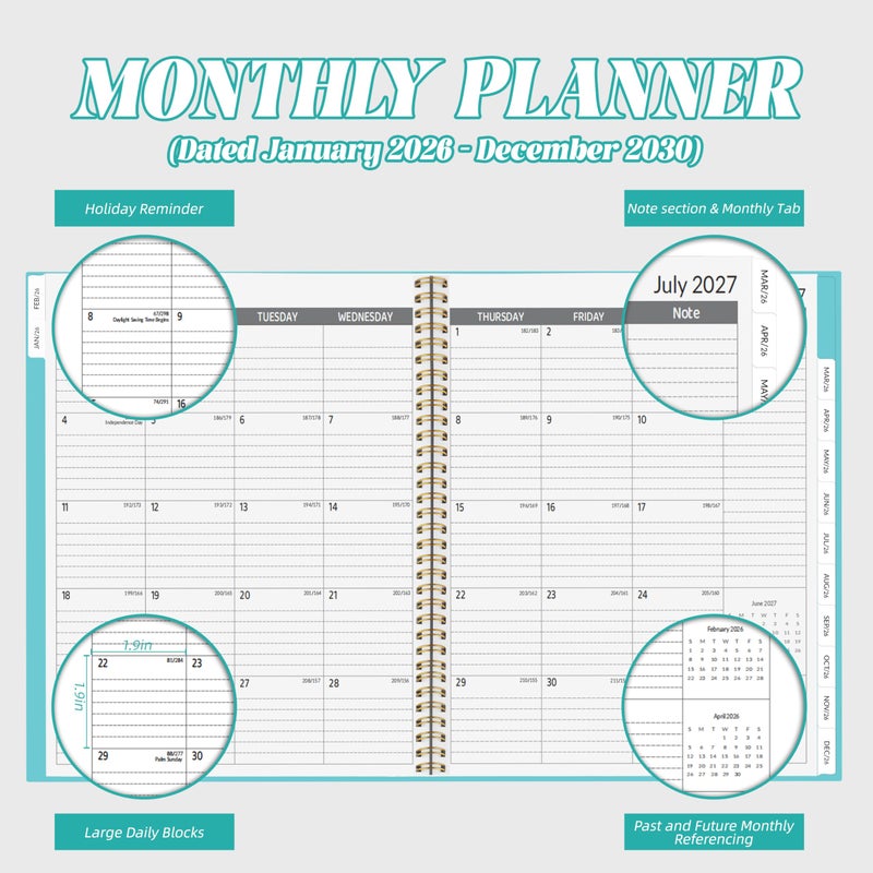 Chambom 2026-2030 Monthly Planner 5 Year Monthly Planner/Calendar 2026-2030, Jan 2026 â€“ Dec 2030, 9" x 11", Tabs, Double-Side Pocket, Holidays, Thick Paper - Blue - Image 3