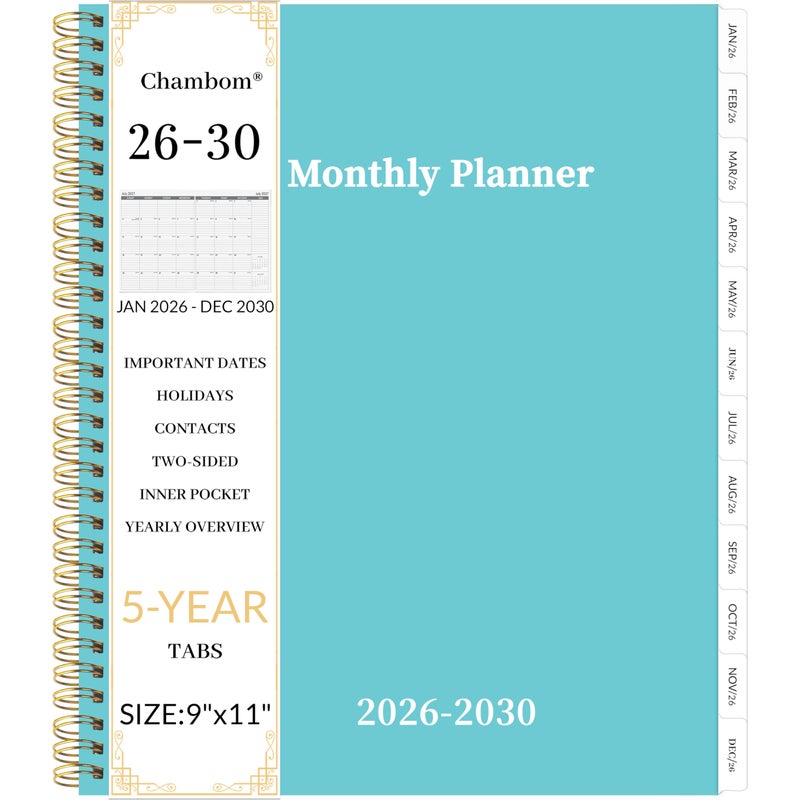 Chambom 2026-2030 Monthly Planner 5 Year Monthly Planner/Calendar 2026-2030, Jan 2026 â€“ Dec 2030, 9" x 11", Tabs, Double-Side Pocket, Holidays, Thick Paper - Blue - Image 1