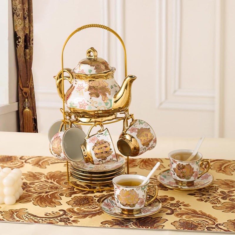 CHANJOON Gold Plated Red Rose Ceramic Tea Set, Vintage Tea Sets with Teapot, Beautiful Tea Set Coffee Serving 6 People (pink, Medium) - Image 3