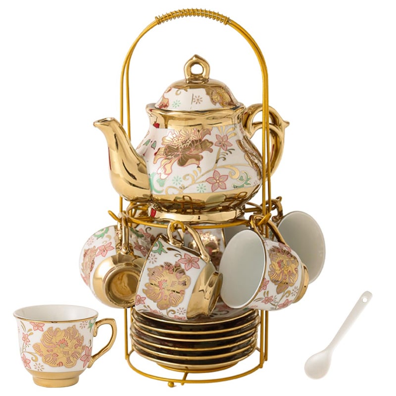 CHANJOON Gold Plated Red Rose Ceramic Tea Set, Vintage Tea Sets with Teapot, Beautiful Tea Set Coffee Serving 6 People (pink, Medium) - Image 1