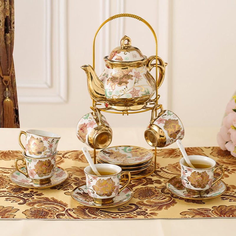 CHANJOON Gold Plated Red Rose Ceramic Tea Set, Vintage Tea Sets with Teapot, Beautiful Tea Set Coffee Serving 6 People (pink, Medium) - Image 4