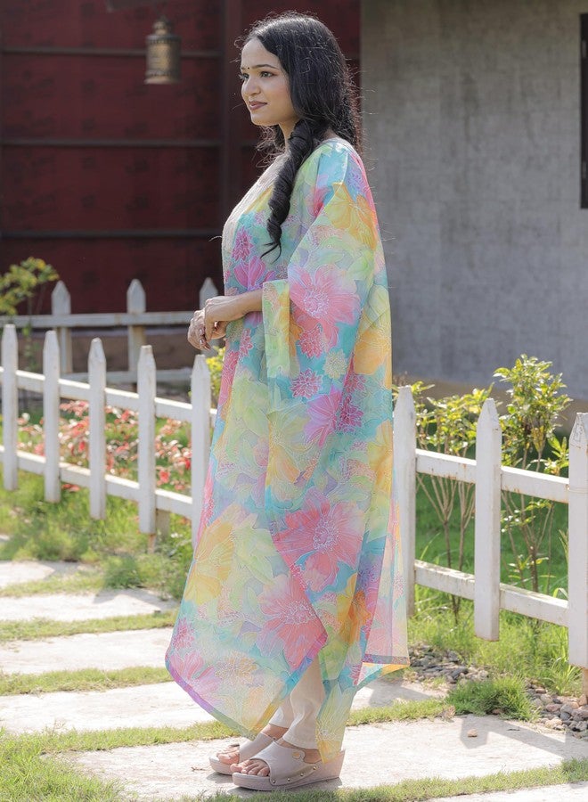 INJOFASH بدلة شيريدار بيضاء للأطفال مع شال مزخرف بألوان متعددة، ملابس تقليدية هندية عرقية (IN، ألفا، L، عادي، حجم زائد، فتيات صغار، أبيض) - Image 5