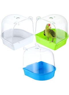 Honeydak 3 Pieces Clear Bird Bath for Cage Parakeet Bird Cage Accessories Hanging Bird Bath Box Parrot Bird Bathing Tub with Clear View for Small Birds Cockatiel Conure Canary Budgies Parrots Blue Green White  - Image 1