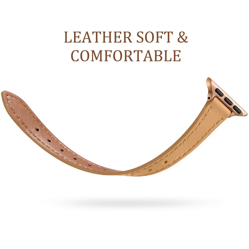 Charlam Slim Leather Band Compatible with Apple Watch Band 40mm 38mm 41mm 42mm 44mm 45mm 46mm Women,Top Grain Genuine Leather Strap Thin Wristband for iWatch Series 11 10 9 8 7 6 5 4 3 2 1 SE 3,Camel - Image 3