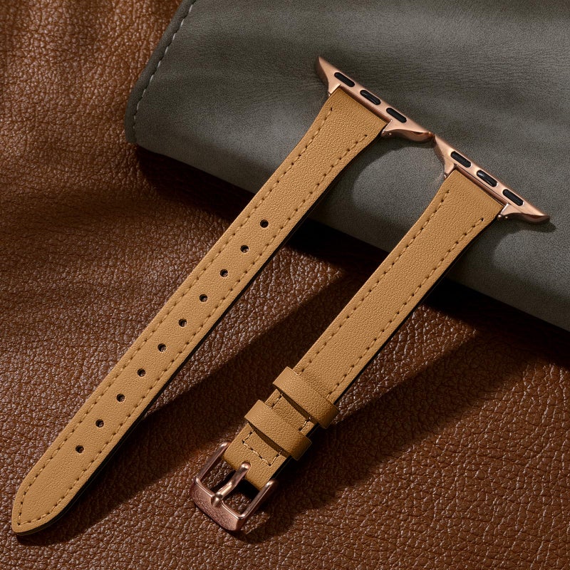 Charlam Slim Leather Band Compatible with Apple Watch Band 40mm 38mm 41mm 42mm 44mm 45mm 46mm Women,Top Grain Genuine Leather Strap Thin Wristband for iWatch Series 11 10 9 8 7 6 5 4 3 2 1 SE 3,Camel - Image 5