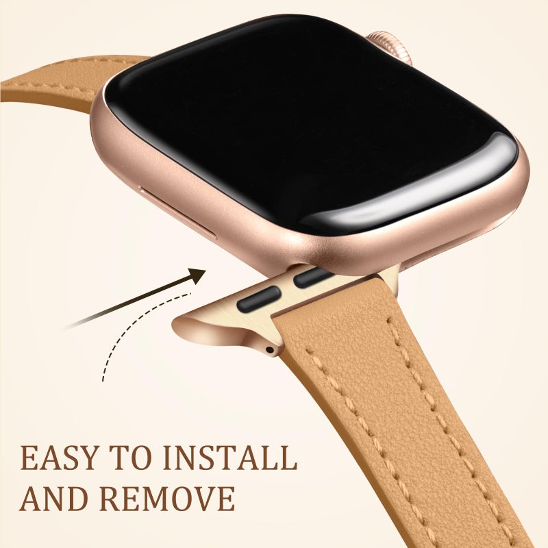 Charlam Slim Leather Band Compatible with Apple Watch Band 40mm 38mm 41mm 42mm 44mm 45mm 46mm Women,Top Grain Genuine Leather Strap Thin Wristband for iWatch Series 11 10 9 8 7 6 5 4 3 2 1 SE 3,Camel - Image 4