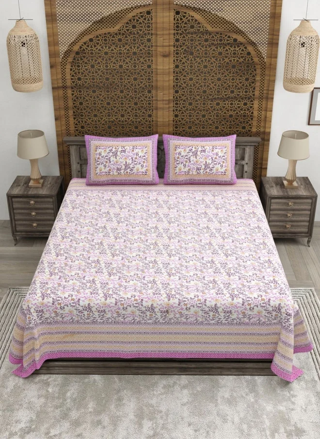 CLOTHOLOGY CLOTHOLOGY Pink & White Ethnic Motifs 180 TC Pure Cotton King Bedsheet Set