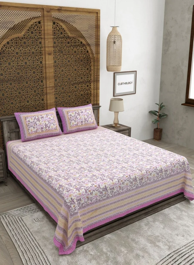 CLOTHOLOGY CLOTHOLOGY Pink & White Ethnic Motifs 180 TC Pure Cotton King Bedsheet Set