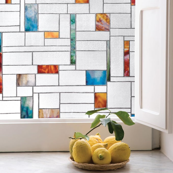 MELANGE PRIVACY WINDOW FILM WITH VIBRANT COLORED PATTERN NONADHESIVE UV PROTECTION EASY TO APPLY REMOVABLE 24 X 36 INCHES MADE IN USA