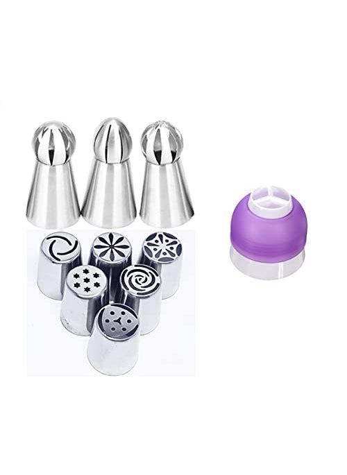 S.B. ANJALI SHALU BHAI SB ANJALI SHALU BHAI Piping Nozzles 3Pcs Round Russian Nozzle Set 6pcs Russain Icing Nozzle Set Total 9 Nozzle One Coupler  - Image 1