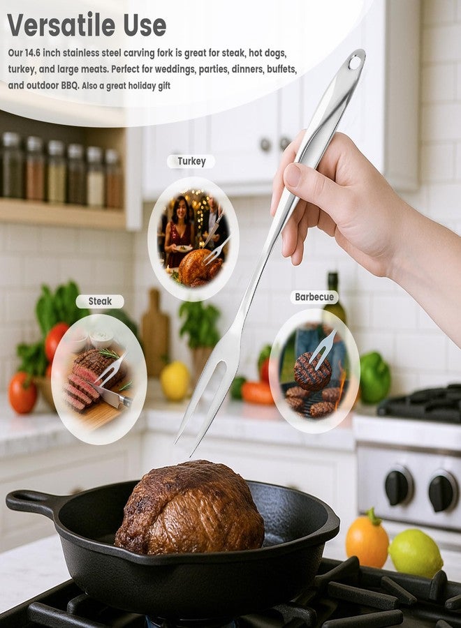 هانزغو شوكة تقطيع اللحوم من الفولاذ المقاوم للصدأ من هانزجو، بطول 14.6 بوصة، شوكة تقديم وشواء ذات شعبتين مع فتحة للتعليق، مقبض مجوف لتقليل الحرارة بشكل أفضل، أداة مطبخ للطبخ والتقديم. - Image 2