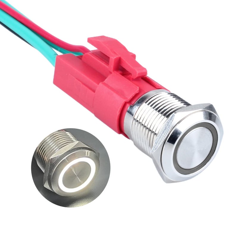 DMWD 16mm Heavy Duty Latching Metal Push Button Switch Waterproof Large Current 20Amp 12V-24V ON-OFF 1NO 4 Pins with Pre-wired Harness (Halo Ring White LED) - Image 1