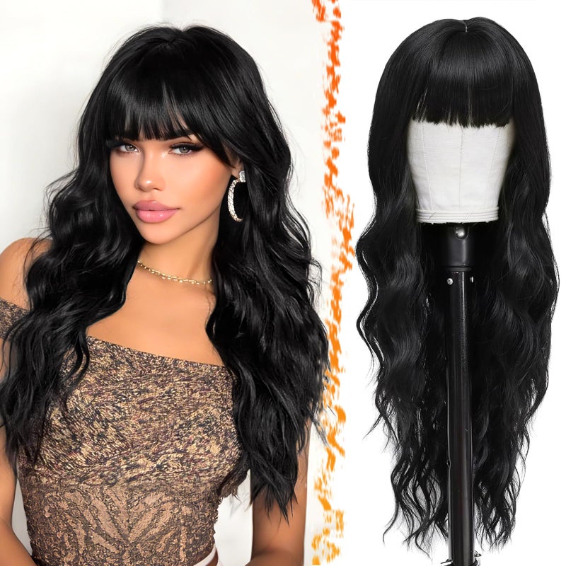 BARSDAR Women's 26'' Long Wavy Wig With Bangs, Synthetic Hair, Black - Image 1