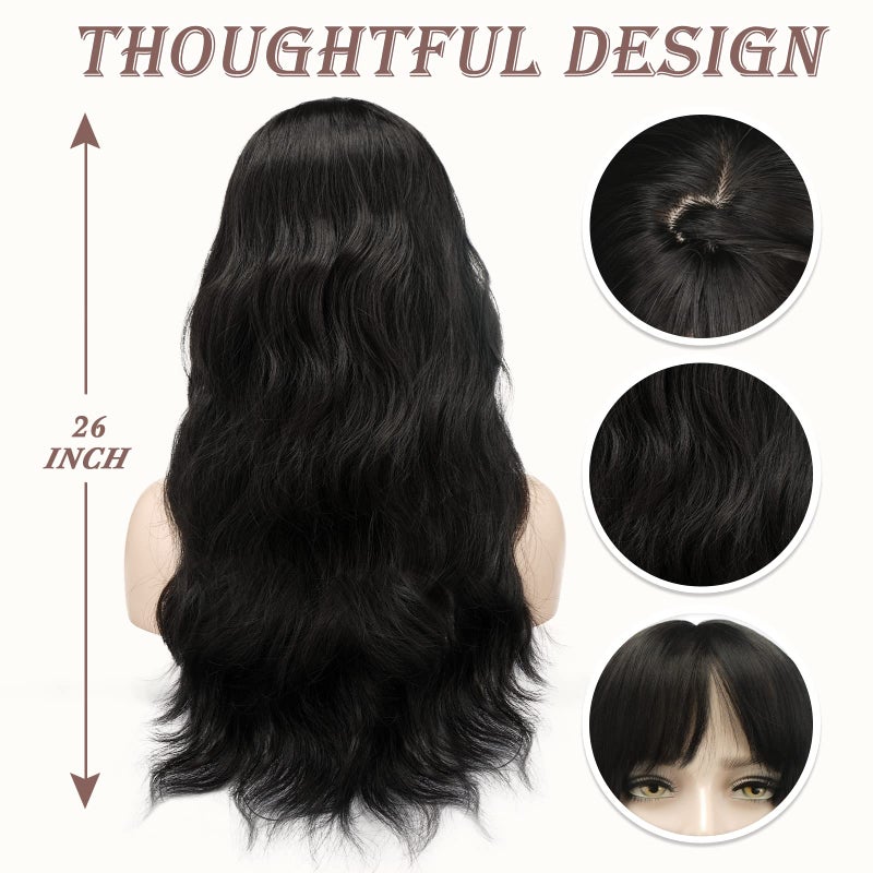 BARSDAR Women's 26'' Long Wavy Wig With Bangs, Synthetic Hair, Black - Image 3
