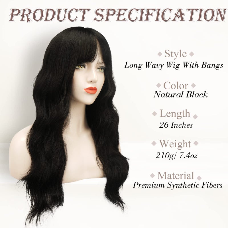 BARSDAR Women's 26'' Long Wavy Wig With Bangs, Synthetic Hair, Black - Image 2