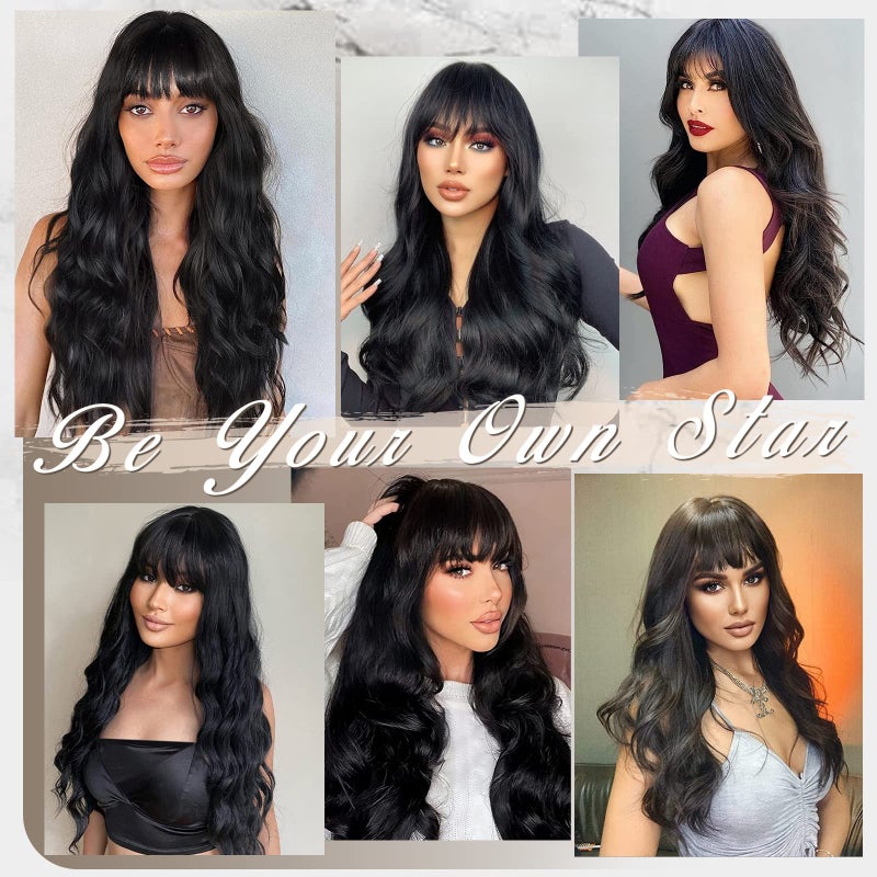 BARSDAR Women's 26'' Long Wavy Wig With Bangs, Synthetic Hair, Black - Image 4
