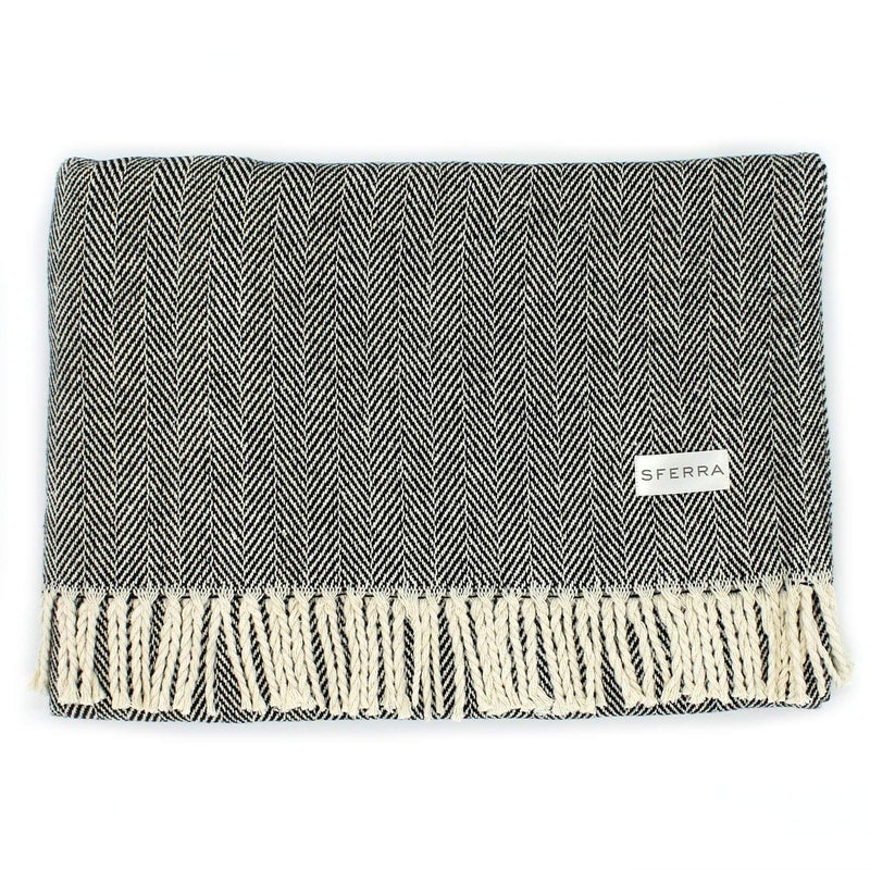 Sferra Celine Herringbone 100 Cotton Throw Blanket  Black