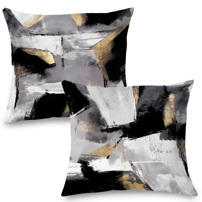 Supwhd Black and White Pillow Covers  Abstract White Black and Gold Pillow Covers 20x20 Set of 2  Modern Black and White Pillow Covers for Couch Bed Living Room - Image 1