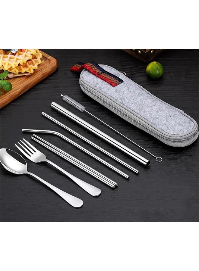 Portable Utensils, Camping School Picnic Workplace Travel Cutlery Set, 8-Piece including Knife Fork Spoon Chopsticks Cleaning Brush Straws Portable Case, Stainless Steel Flatware set - Image 3