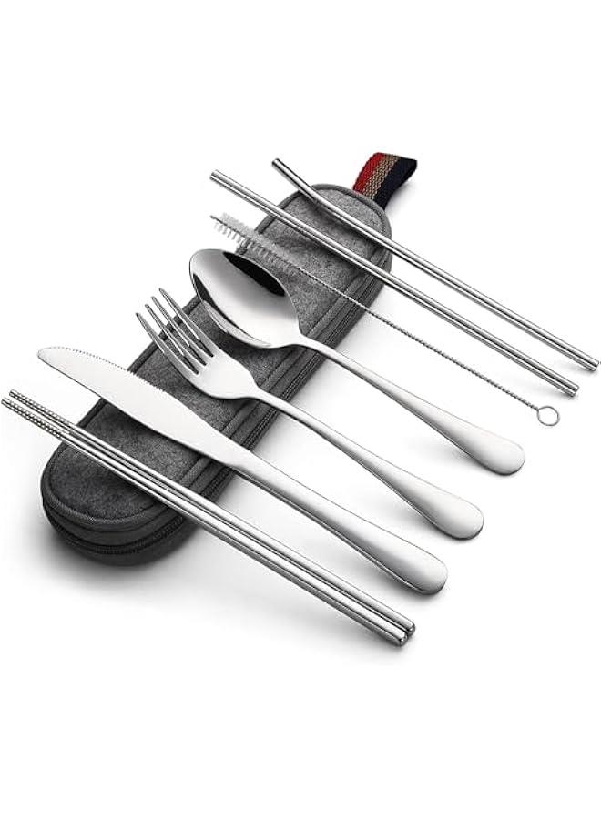 Portable Utensils, Camping School Picnic Workplace Travel Cutlery Set, 8-Piece including Knife Fork Spoon Chopsticks Cleaning Brush Straws Portable Case, Stainless Steel Flatware set - Image 1