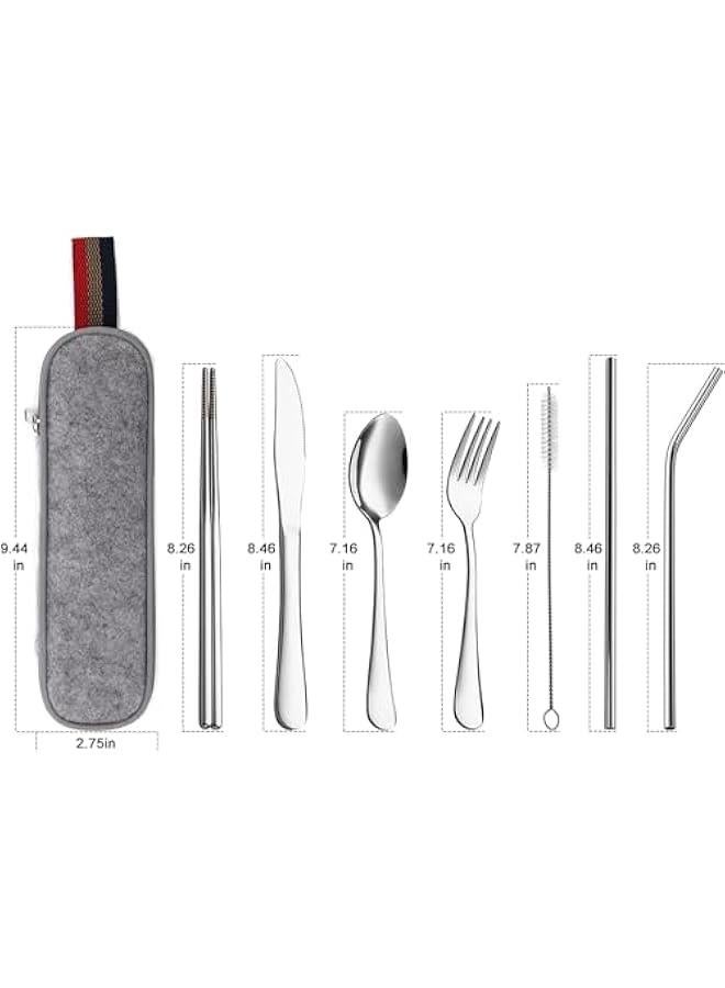 Portable Utensils, Camping School Picnic Workplace Travel Cutlery Set, 8-Piece including Knife Fork Spoon Chopsticks Cleaning Brush Straws Portable Case, Stainless Steel Flatware set - Image 2