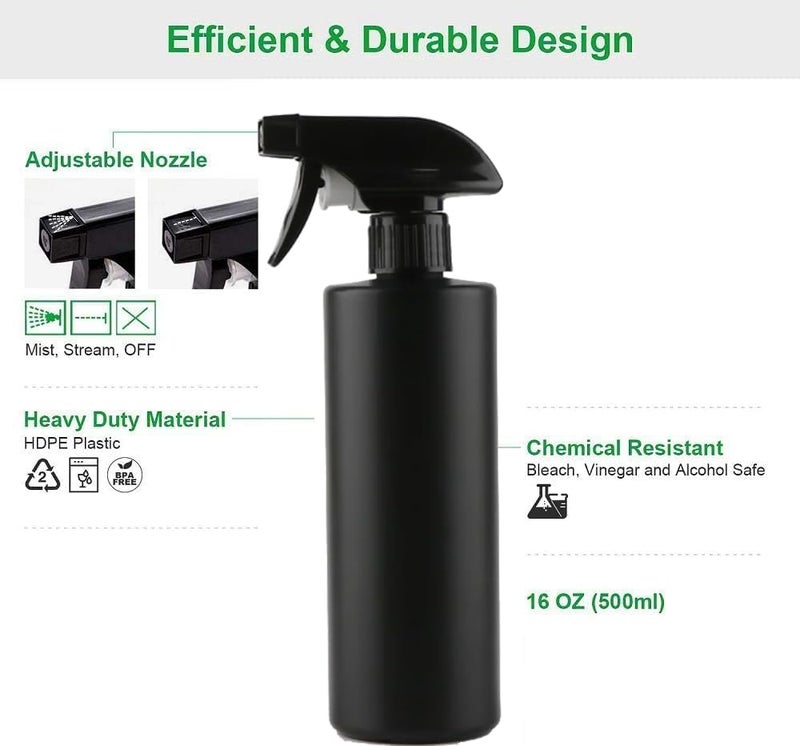 سويش سوبر Swish Super زجاجة رش فارغة من HDPE سعة 500 مل، أسود، زجاجات رش ثقيلة التحمل لمحاليل التنظيف، الماء، البستنة، الصالون، الشعر (عبوة من قطعتين) - Image 3