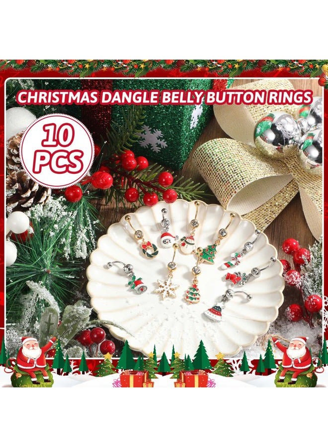 Jadive 10 Pcs Christmas Dangle Belly Button Rings Stainless Steel Santa Navel Rings Piercing Belly Rings Set for Women, 10 Styles, stainless steel, alloy, enamel, stainless steel, alloy, enamel - Image 3