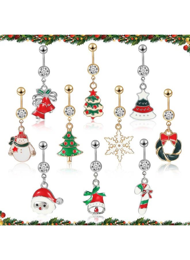 Jadive 10 Pcs Christmas Dangle Belly Button Rings Stainless Steel Santa Navel Rings Piercing Belly Rings Set for Women, 10 Styles, stainless steel, alloy, enamel, stainless steel, alloy, enamel - Image 1