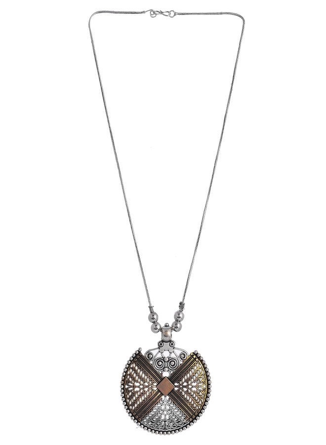 NAMAN ARTS Oxidised Dual Tone Half Moon Mandala Pendant Necklace for Women | Antique Gold Crescent Charm | Pure Brass Lightweight Ethnic Boho Chain Necklace - Image 2